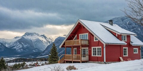 Snow Dusted Red Cabin Roof Against Cloudy Sky and Snowy Mountains