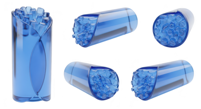 Blue cylindrical device multiple angles open side revealing blue internal spheres against a white background for technological or medical applications