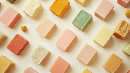 Rectangular soaps in various pastel colors arranged in a grid pattern on a light beige background.  A few scattered small, textured elements are visible