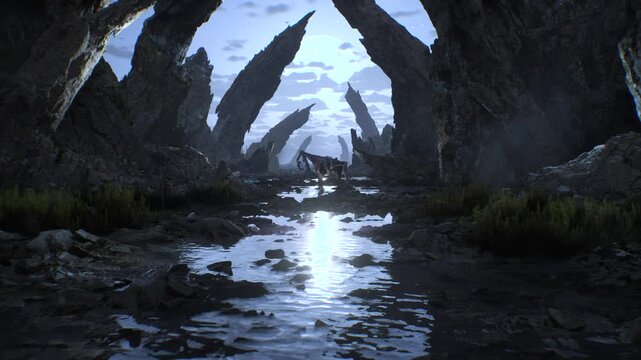 A game character with a sharp sword preparing to fight the monster in a mystical epic location. 3D render