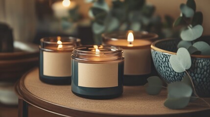 Three dark-gray candles in glass jars, with natural labels, sit on a wood-topped table amidst warm lighting and greenery
