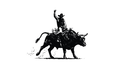 Obraz premium Silhouette of cowboy bull riding. Vector retro hand drawn illustration