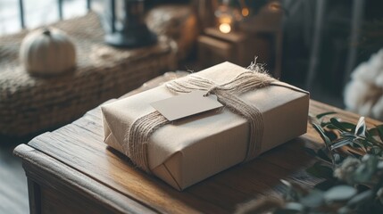 A beige gift box sits on a wooden table, wrapped in kraft paper and tied with twine.  A blank tag is attached.  Warm interior setting with autumnal touches