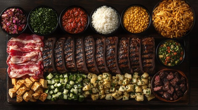 Grilled steak platter with various sides and sauces.