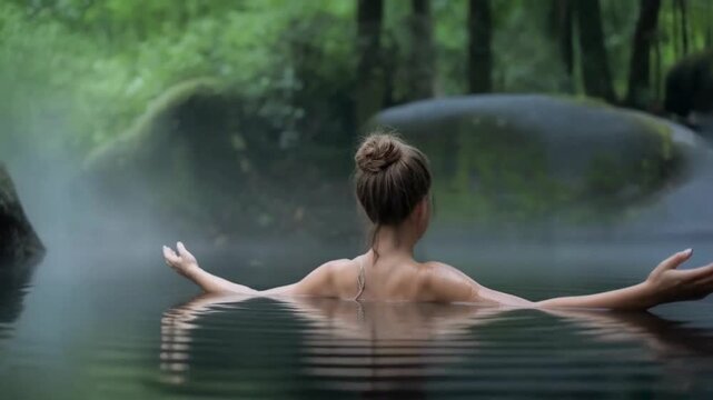 Serene Woman Relaxing in a Natural Hot Spring, Lush Forest Setting