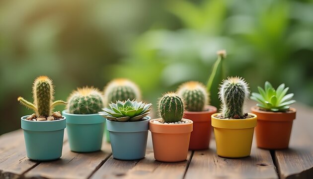 Collection of miniature cacti and succulents in colorful pots on a wooden surface, with blurred green background