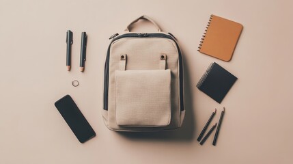 Beige backpack with supplies