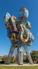 Colorful abstract metal sculpture under a clear blue sky. Modern art installation reflecting light. Urban landscape decoration for city park