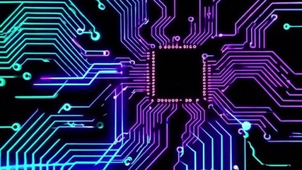 Intricate circuit board design lit up in neon colors. A visual representation of technology, innovation, and the digital age. The detailed circuitry design with neon lights - Powered by Adobe