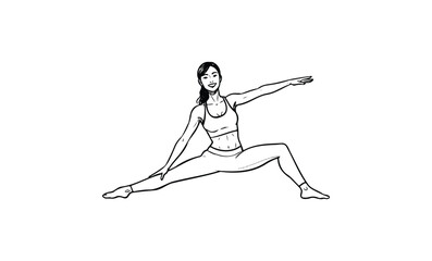 Fototapeta premium Asian female performing yoga stretch in activewear on white background. Vector retro hand drawn illustration