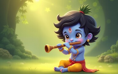 Little cartoon Krishna with a flute. High quality