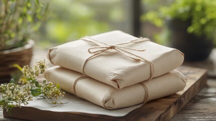 Two wrapped gifts stacked on a wooden board, tied with twine.  Natural light, out-of-focus greenery in the background