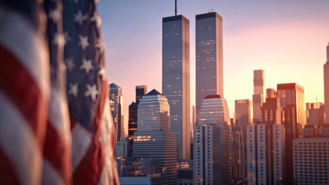 American flag waves gently in foreground, reflecting light from sunset behind Twin Towers