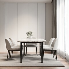 Modern dining room with marble table and beige chairs