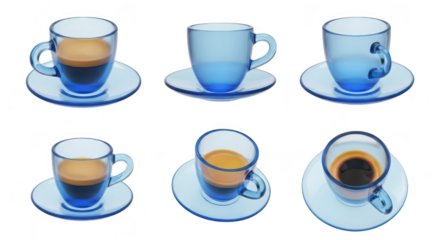 Transparent blue espresso cups with saucers filled & empty placed on a white background used for coffee beverage breakfast themes