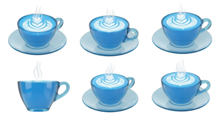 Six blue coffee cups with latte art steaming arranged on saucers white background ideal for cafe beverage or food-related digital content