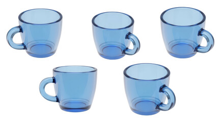 Five transparent blue coffee mugs are arranged against a white background showcasing their shape and design suitable for advertising or product presentations