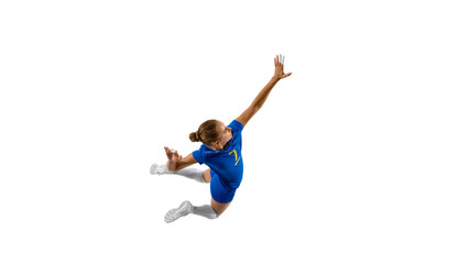 Blue-clad female athlete performing dynamic mid-air jump against white background. Concept of extreme reach, peak physical action, determination in sports, and motivational athletic branding.