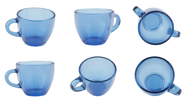 Six blue glass cups displayed on a white background showcasing varying angles ideal for product visualization drinkware or mockup imagery