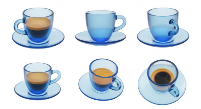 Transparent blue espresso cups with saucers filled & empty placed on a white background used for coffee beverage breakfast themes
