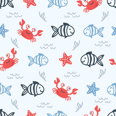 Cute crab with fish seamless vector design for print on textile, wrapping, backdrop and other uses.