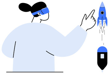Woman using a virtual reality headset launches a rocket with a finger gesture. Ideal for innovation, technology, creativity, vision, future, progress, empowerment. Simple flat metaphor