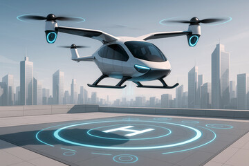 Flying electric vehicle takes off from rooftop landing pad in a modern city skyline during daylight hours showcasing advanced transportation technology