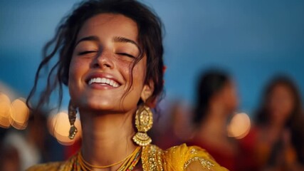 Joyful celebration captures woman in vibrant yellow attire, radiating happiness and energy