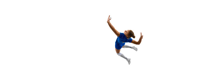 Young girl leaping gracefully in blue dress against white background. Concept of movement direction, aerial control, volleyball impact moment, and action freeze-frame education. Banner