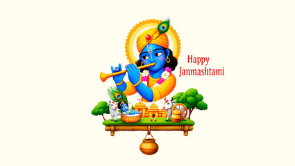 Fototapeta premium Vector art of a colorful illustration of happy janmashtami with krishna playing the flute