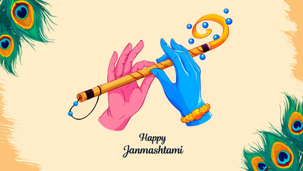 Vector art of celebrate happy janmashtami with krishnas flute and peacock feathers