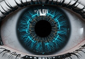 Close-up of a futuristic eye with glowing circuitry. Generative Ai