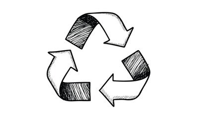 Hand-drawn recycling symbol with bold arrows on white background. Vector retro hand drawn illustration