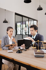 Lawyer with Document Paper and Hammer on Wood table,  Judge's Gavel, Law, Justice Symbol, Agreement and Partnership Concept,