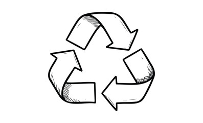 Obraz premium Hand-drawn black and white recycling symbol with three arrows. Vector retro hand drawn illustration