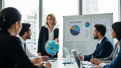 Business Professionals Discussing Global Market Strategy in Modern Office Meeting with Data Charts and Globe Presentation - Powered by Adobe
