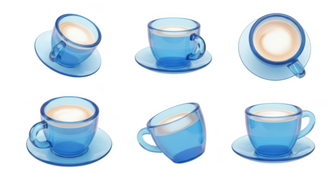 Six stylized blue coffee cups with latte arranged on saucers against a clean white background suitable for breakfast cafe or drink visuals