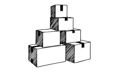 Stacked cardboard boxes: hand-drawn illustration reflecting storage and organization. Vector retro hand drawn illustration