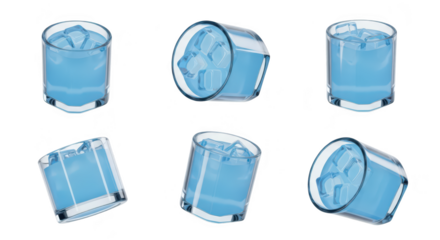 Six clear glasses each with water and ice tilted at different angles isolated on a white background ideal for beverage promotions