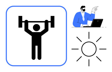Person lifting weights symbolizing strength, professional working on laptop for productivity, and a sun for positivity. Ideal for fitness, productivity, motivation, wellness, self-growth, balance