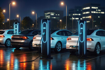 Electric vehicles charging at night in a city environment with modern buildings and vibrant lights illuminating the scene