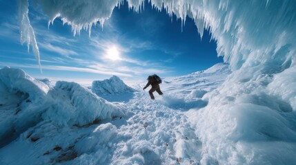 A lone adventurer walks through a stunning icy cave, surrounded by glistening icicles and frozen formations, embodying the spirit of exploration in a breathtaking winter landscape.