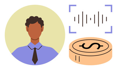 Person in formal attire, soundwave graphic, and dollar coin emphasizing audio technology, wealth creation, and economic concepts. Ideal for entrepreneurism, financial growth, technology, media