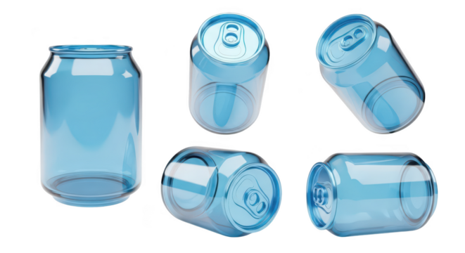 Transparent blue aluminum beverage cans floating on a white background showcasing different angles for product design and presentation