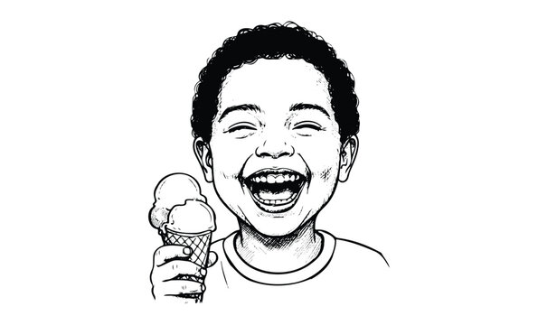 Young african child joyfully eating ice cream cone with big smile in black and white sketch. Vector retro hand drawn illustration
