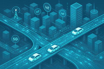 Urban landscape showcasing smart cars navigating digital roadways in a connected city environment with IoT and 5G technology