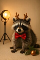 Fototapeta premium Festive raccoon wearing reindeer antlers and red bow tie with Christmas ball and warm light background