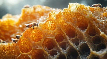 Close-up of honeycomb with bees collecting nectar