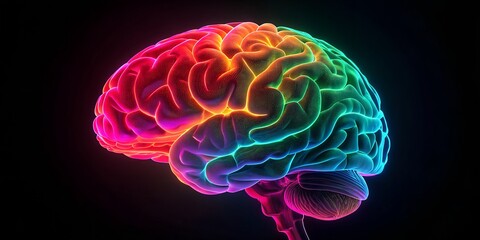 Glowing Neon Brain with Rainbow Colors on Black Background
