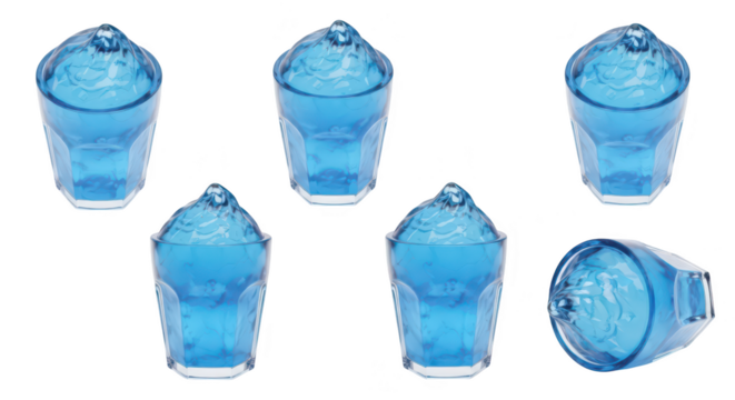 Blue water glasses overflowing isolated on white for refreshing drink or concept illustrations